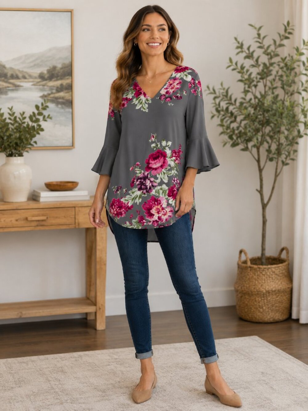 UMGEE S Boho Gray Floral Print Blouse V-Neck 3/4 Bell Sleeve Tunic Career Chic